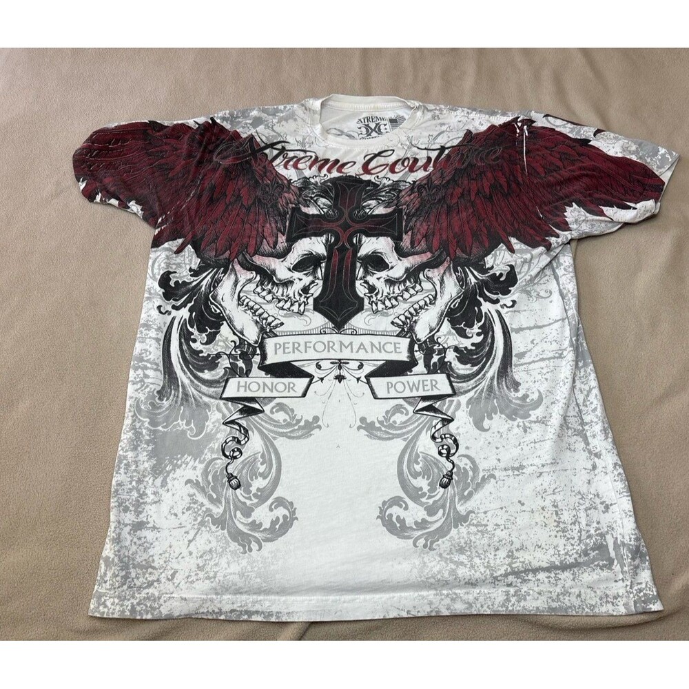 Xtreme Couture Shirt Mens 2XL White Wings Cross Graphic Gothic Biker Grunge AOP